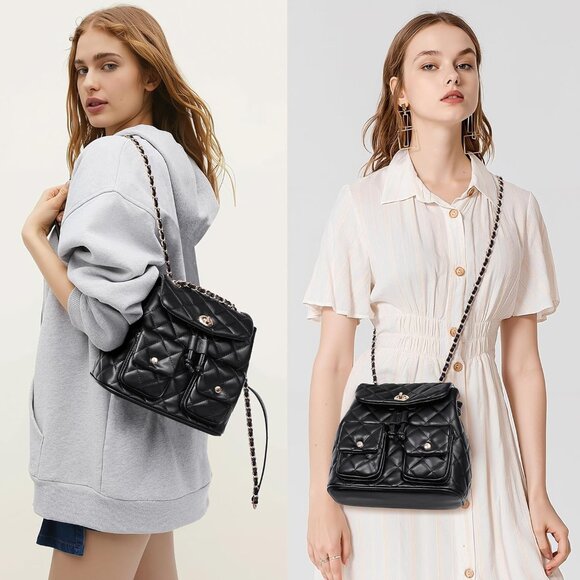 Women’s Small Vegan Leather Quilted Convertible Backpack Purse Black - Picture 2 of 6